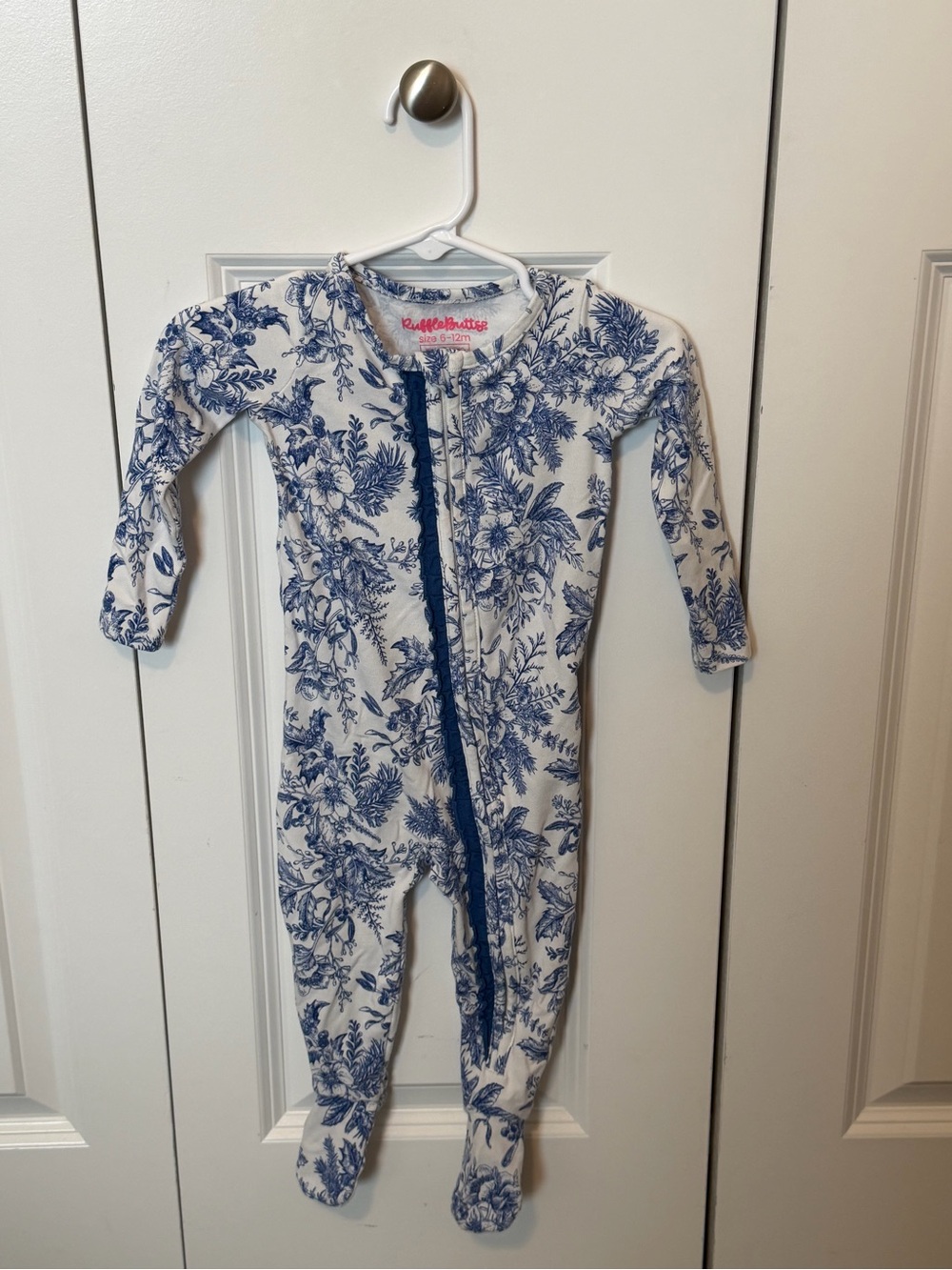 Ruffle Butts White and Blue Floral Footed One-Piece